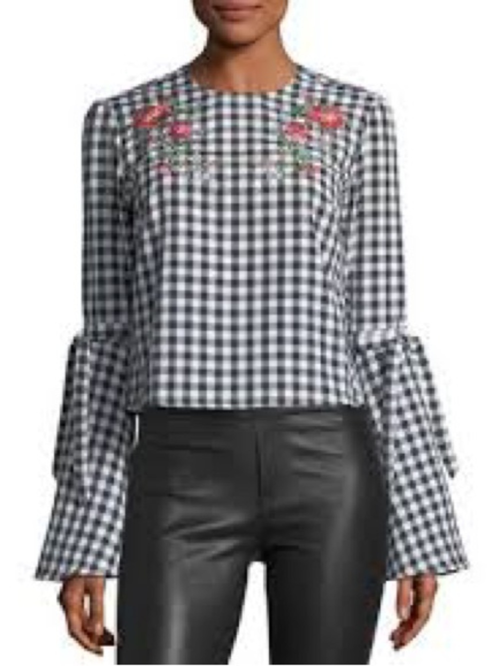 Haute Rogue Black & White Gingham Embroidered Bell-Sleeve Cropped Top SIZE M